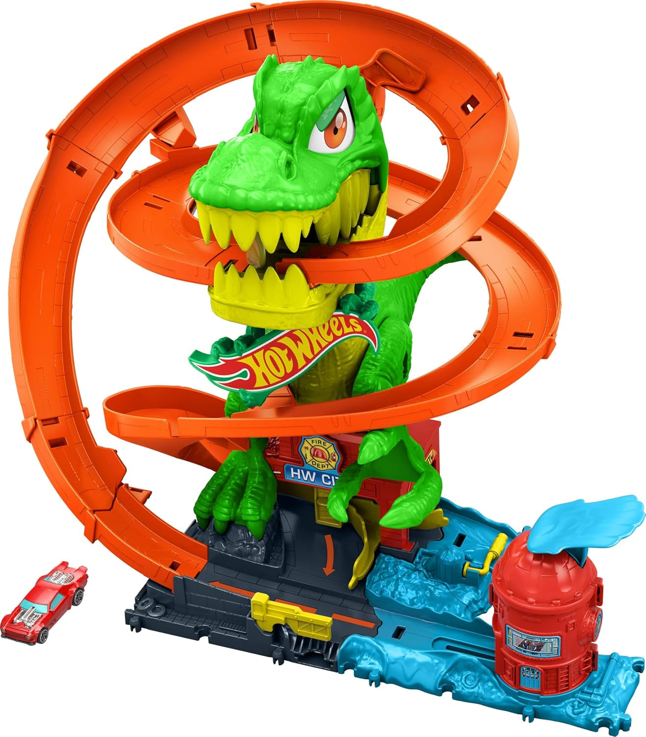 Toy Car Track Set, City T-Rex Blaze Battle Playset & 1:64 Scale Die-Cast Vehicle, 18” Tall, Multiple Race Outcomes, Spinning Dinosaur Eyes