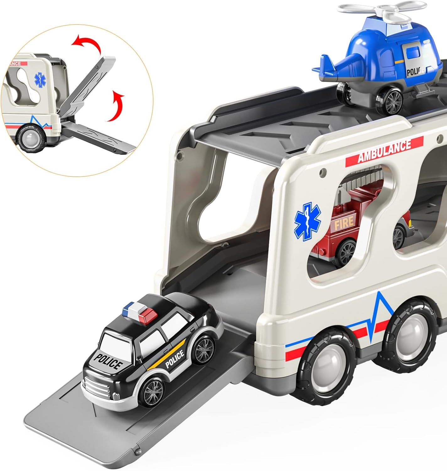 5 Pack Ambulance Vehicle Toddler Truck Toys for 3 4 5 6 Year Old Boys, Friction Powered Cars with Toy Helicopter, Police Car, Fire Truck, Ambulance Car, Birthday Gifts for Girls Age 3-9