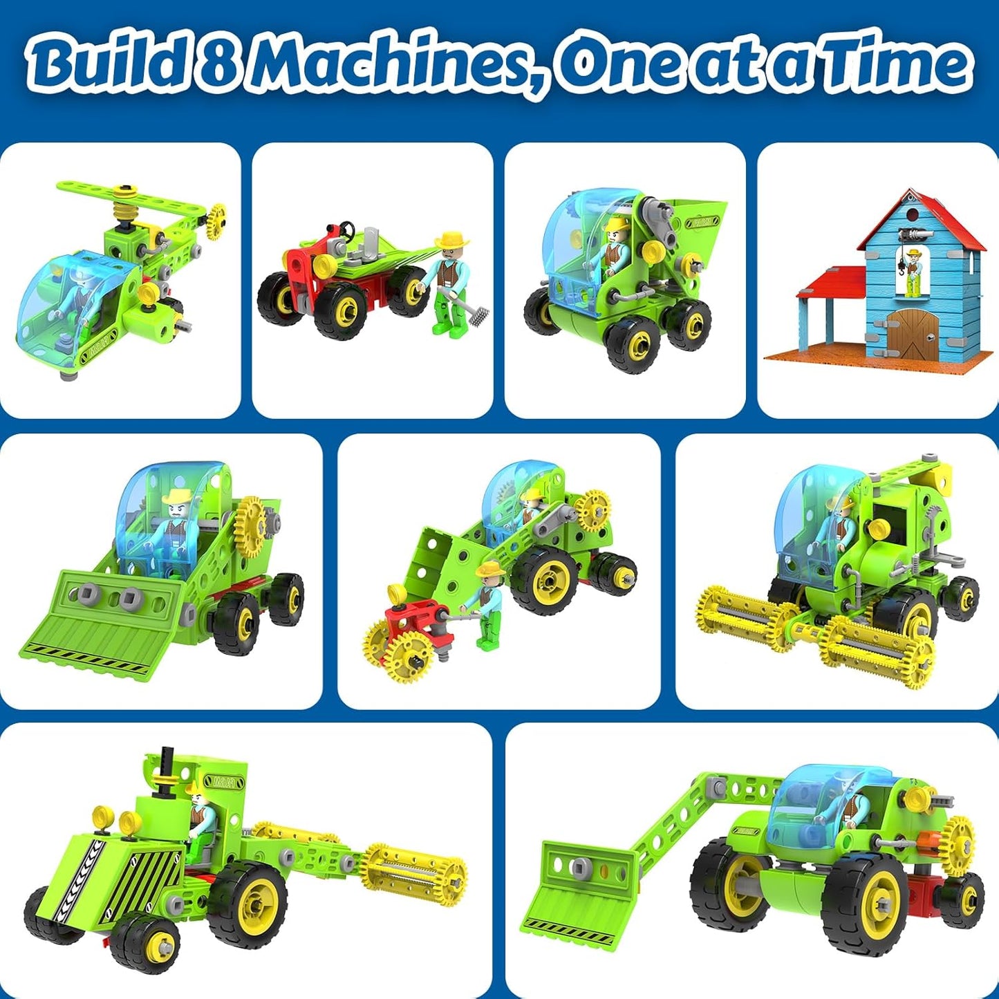 8-In-1 Farm Building Toys for Kids 4 5 6 7 8+ Year Old Boy & Girl, 153 PCS Tractor STEM Toy for Kids, 8 in 1 Learning Toys Educational Construction Blocks Building Set Birthday Gift for Kid