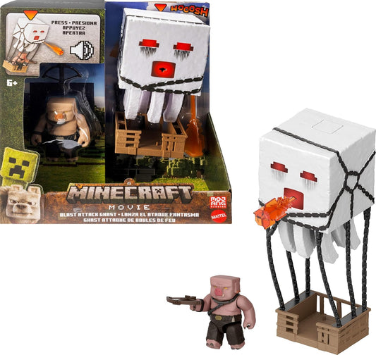 Minecraft Action Figure Set, Blast Attack Ghast with Lights, Sounds, Launcher & Projectile, plus Piglin Warrior Inspired by the Movie