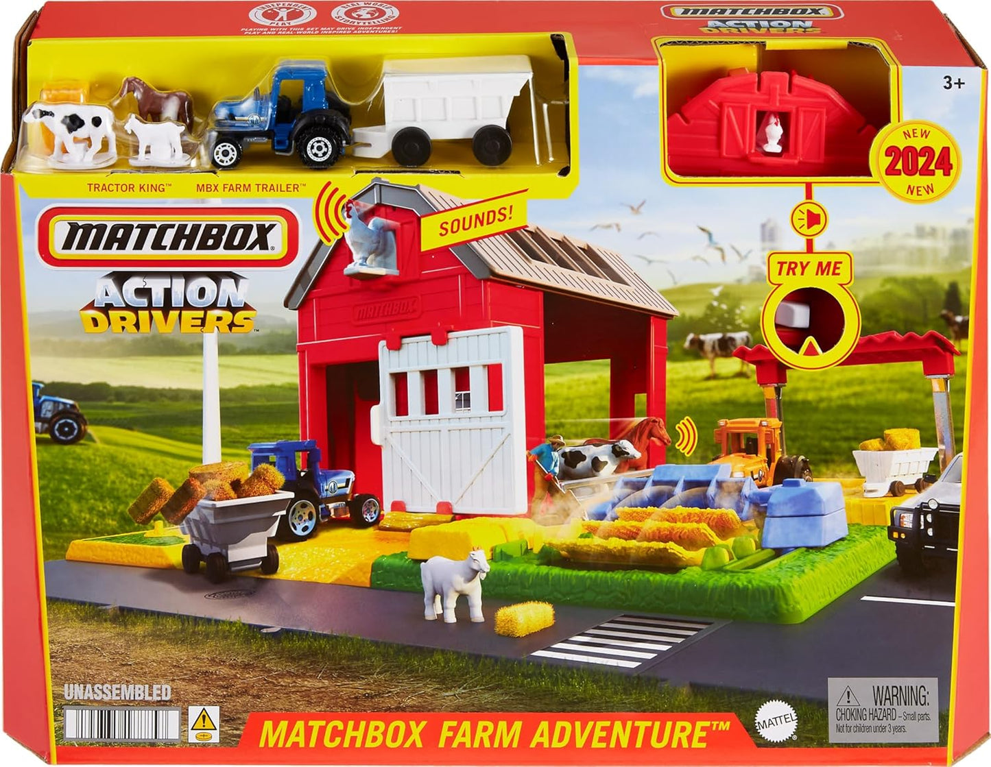 Toy Car & Playset, Action Drivers Farm Adventure with 1:64 Scale Tractor & Trailer, 2 Hay Bales & Detachable Goat, Horse & Cow Figures & Sounds