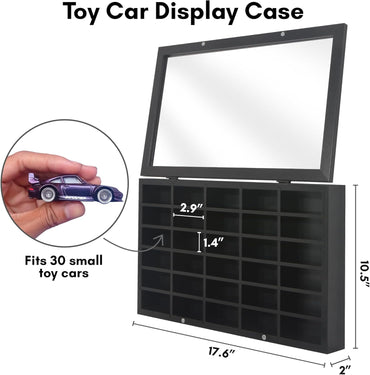 11X18 Toy Car Display Case - Holds up to 30 Cars - Model Car Displays with Removable Shelves and Shatter-Resistant Glass - Wall Mounted Display Cases for Collectibles - Black