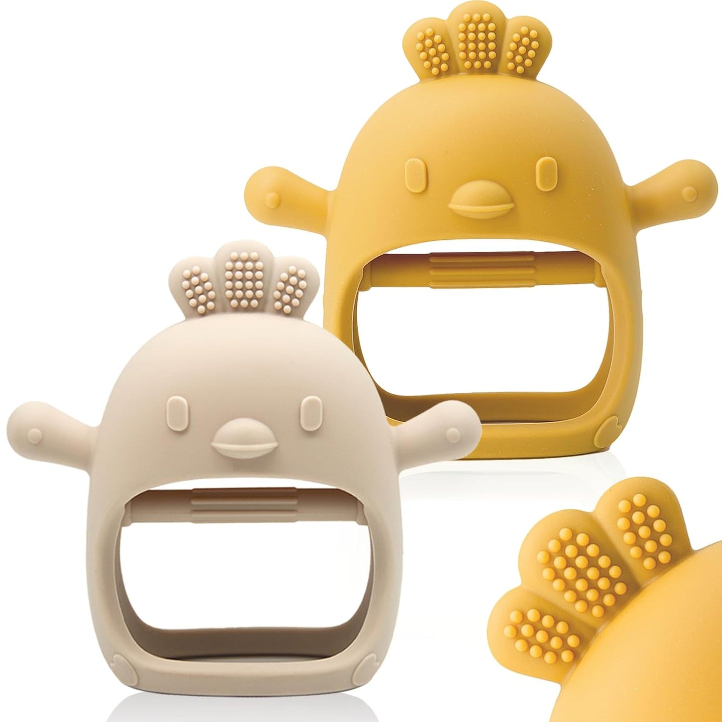 2 Packs Baby Teething Toy for 0-6 6-12 Months, Food Grade Silicone Teething Mitten, anti Dropping Wrist Hand Teethers Baby Chew Toys for Sucking Needs, BPA Free (Green & Caramel)