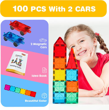 Magnetic Tiles 100 PCS with 2 Cars, STEM Approved Educational Magnet Buildingtoys, Magnet Puzzles Stacking Blocks for Boys Girls