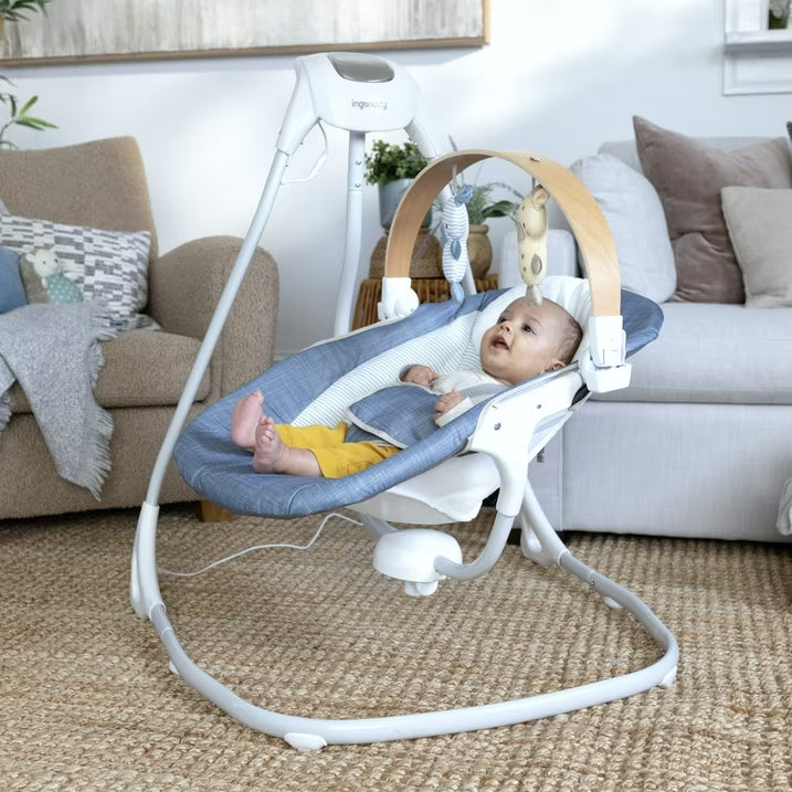 Ingenuity Simple Comfort Compact Swing with Wood Toy Bar - Chambray