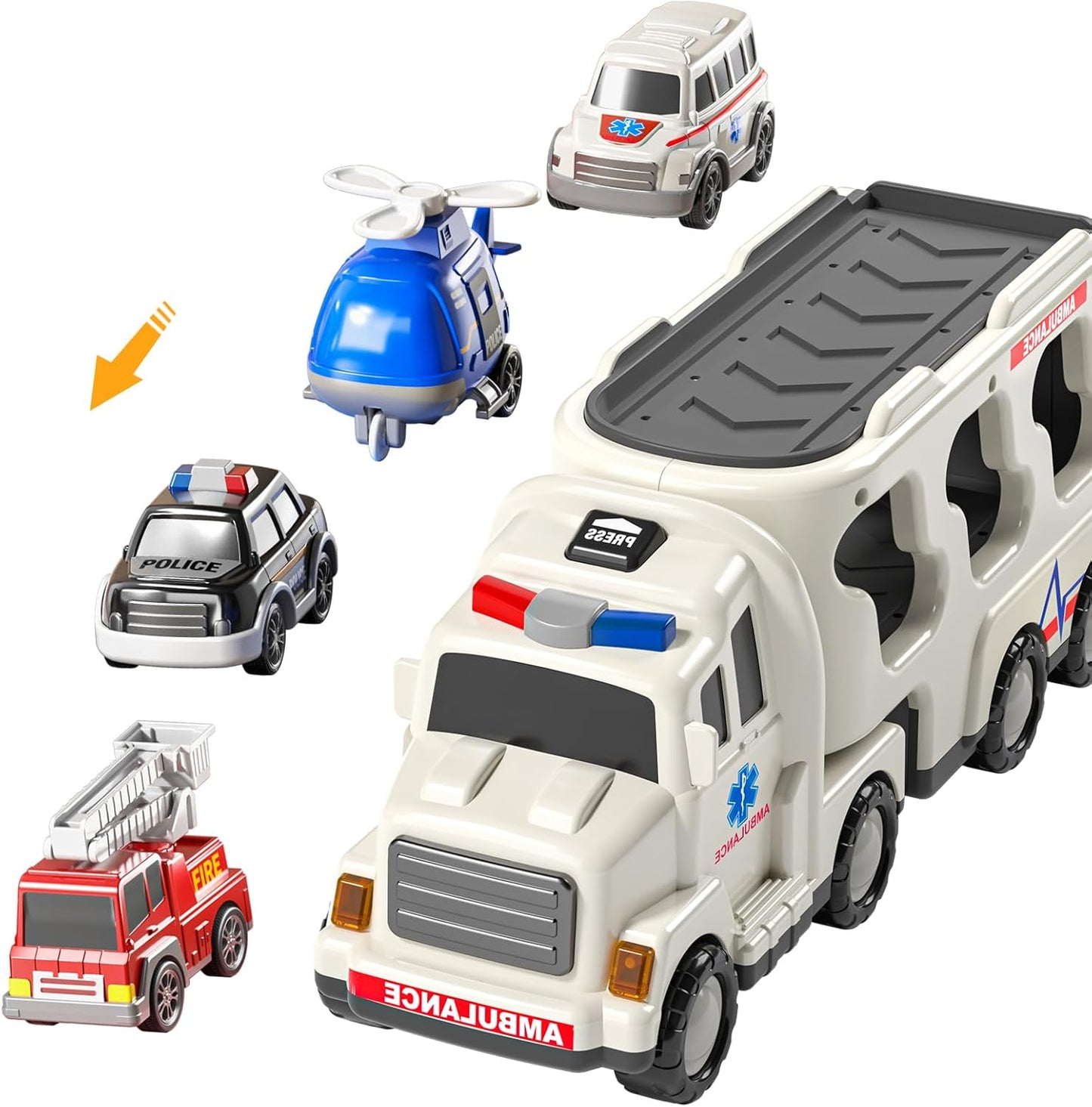 5 Pack Ambulance Vehicle Toddler Truck Toys for 3 4 5 6 Year Old Boys, Friction Powered Cars with Toy Helicopter, Police Car, Fire Truck, Ambulance Car, Birthday Gifts for Girls Age 3-9
