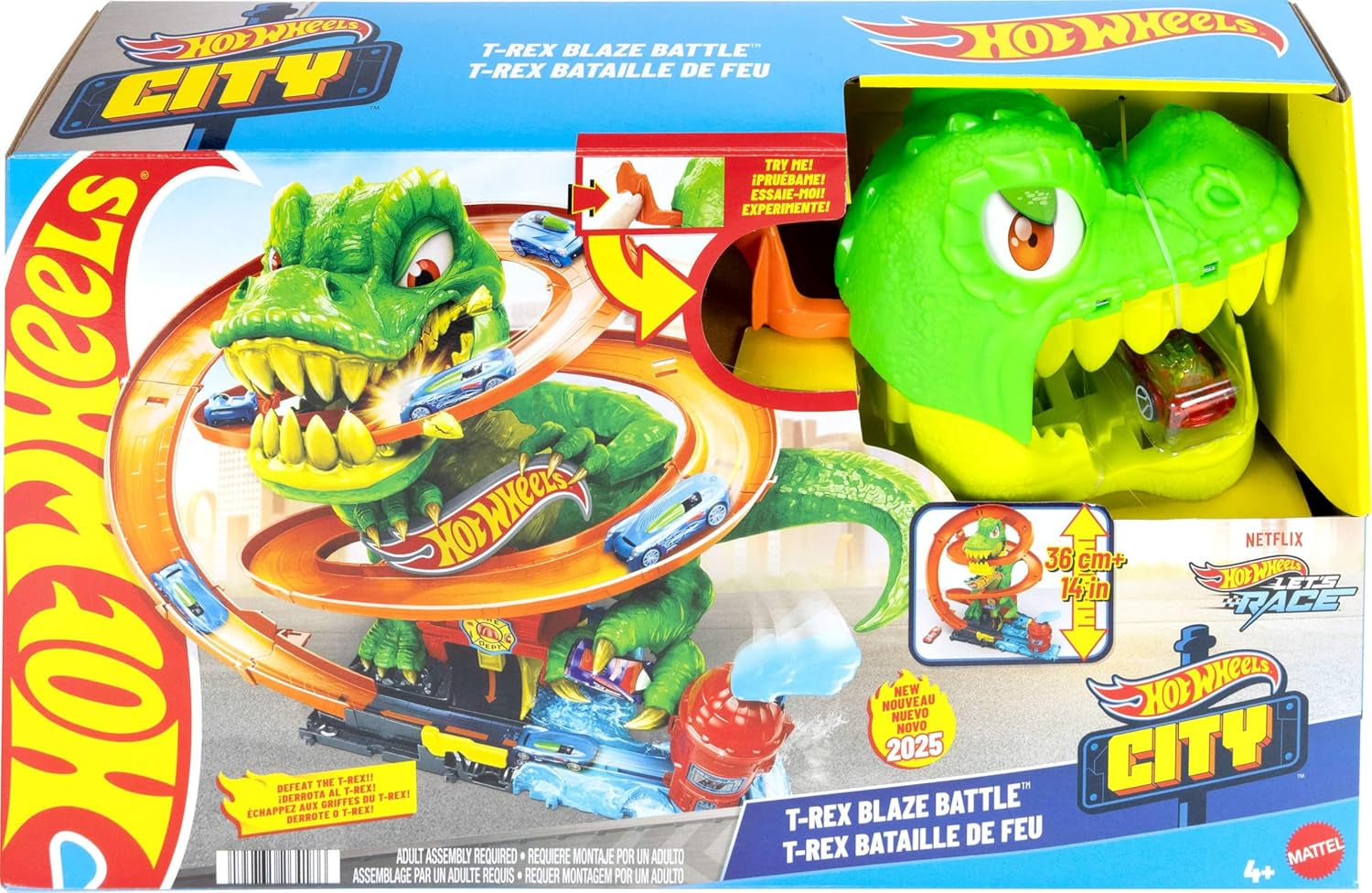 Toy Car Track Set, City T-Rex Blaze Battle Playset & 1:64 Scale Die-Cast Vehicle, 18” Tall, Multiple Race Outcomes, Spinning Dinosaur Eyes