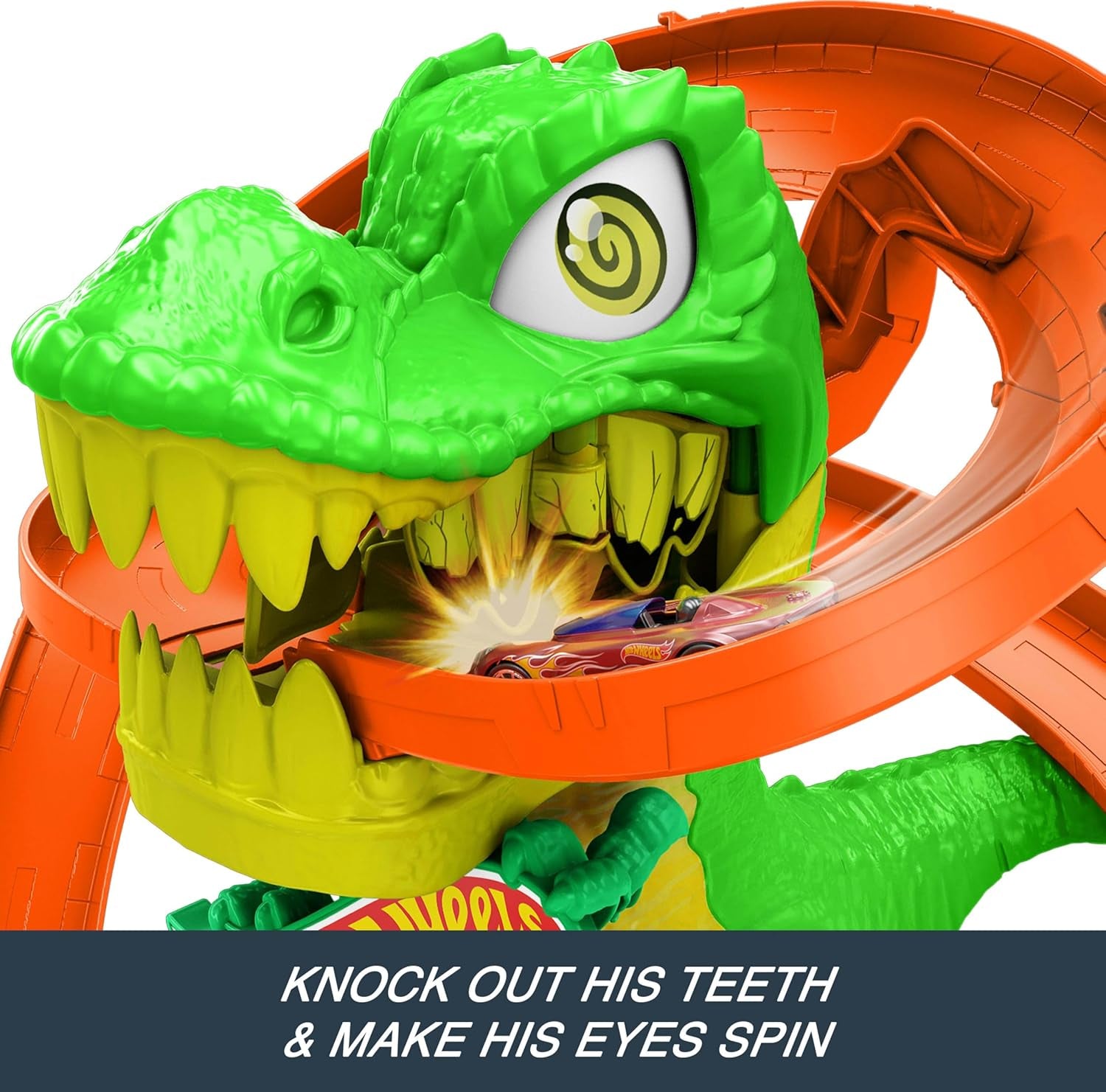 Toy Car Track Set, City T-Rex Blaze Battle Playset & 1:64 Scale Die-Cast Vehicle, 18” Tall, Multiple Race Outcomes, Spinning Dinosaur Eyes