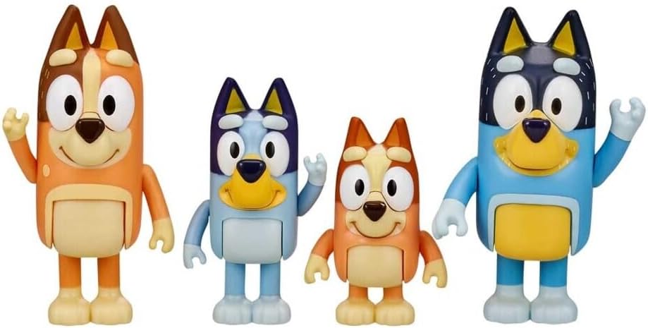 Bluey Family Figure 4-Pack – Includes Bluey, Bingo, Mum (Chilli) & Dad (Bandit) – Poseable Collectible Toy Figures for Kids Ages 3+ – Durable Cake Toppers & Gifts for Toddlers and Fans