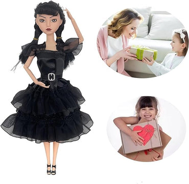11.5 Inches Addams Dolls, Addams Toys with Black Dresses, Long Sleeve Dots, and Made to Move Features. Ideal Christmas Birthday Gifts for Kids, Girls, and Fans (B1)