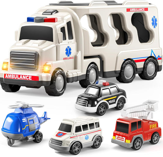 5 Pack Ambulance Vehicle Toddler Truck Toys for 3 4 5 6 Year Old Boys, Friction Powered Cars with Toy Helicopter, Police Car, Fire Truck, Ambulance Car, Birthday Gifts for Girls Age 3-9