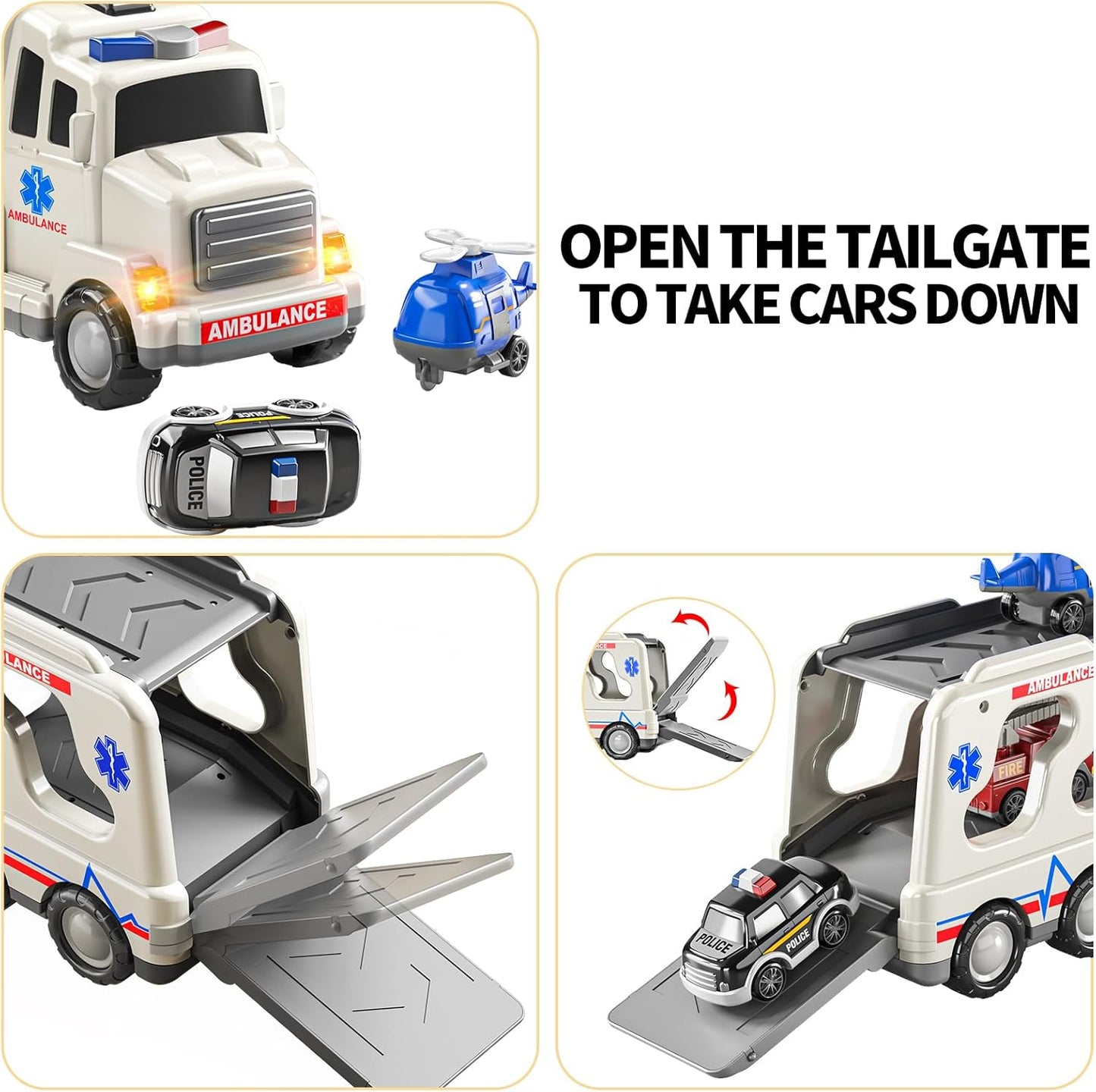 5 Pack Ambulance Vehicle Toddler Truck Toys for 3 4 5 6 Year Old Boys, Friction Powered Cars with Toy Helicopter, Police Car, Fire Truck, Ambulance Car, Birthday Gifts for Girls Age 3-9