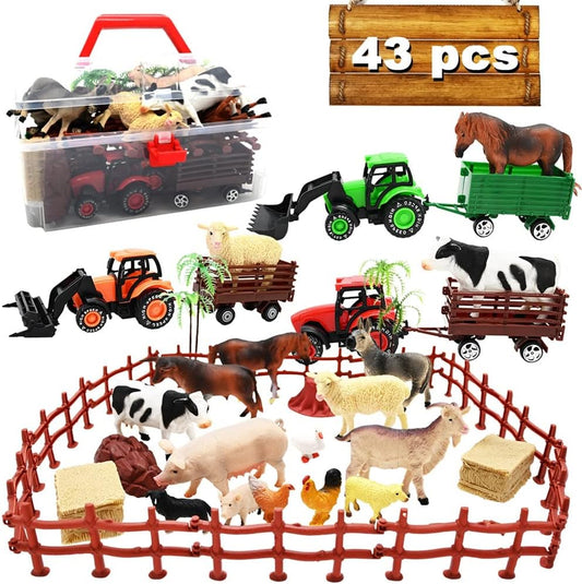 3 Pack Farm Toy Tractor with 40Pcs Plastic Animals Figurines and Fence Playset, Farm Figures Farmer Vehicle Toy Truck with Trailer for 3-12 Years Old Kids Boys Girls Toddlers