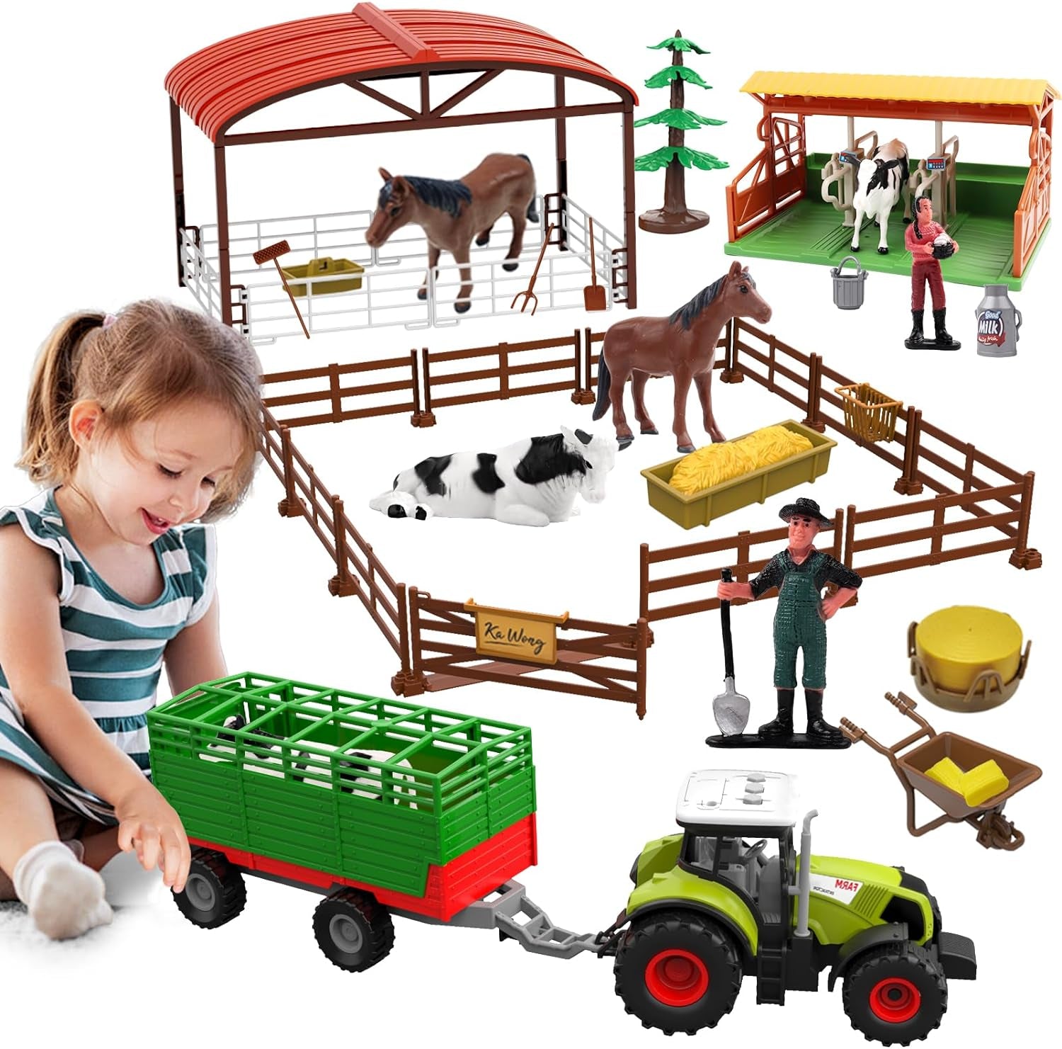Farm Animal Toys Set,69 Pcs Farm Toys with Tractor with Trailer,Horse Stable Grain Bins Horse Cow Farmer Figures Fence Playset for Kids Toddlers Boy Girl 3-12 Years Old