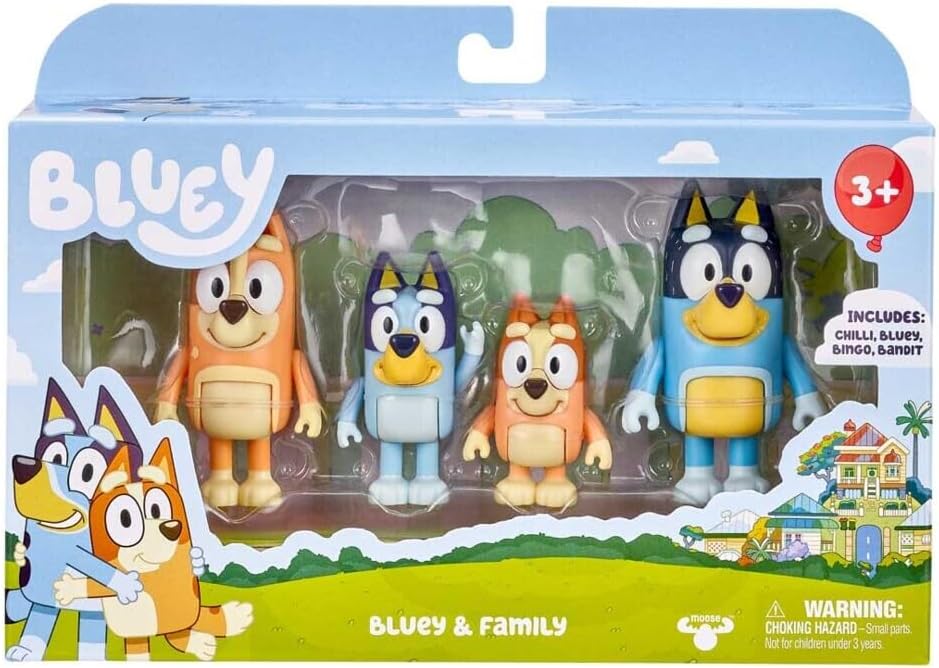 Bluey Family Figure 4-Pack – Includes Bluey, Bingo, Mum (Chilli) & Dad (Bandit) – Poseable Collectible Toy Figures for Kids Ages 3+ – Durable Cake Toppers & Gifts for Toddlers and Fans