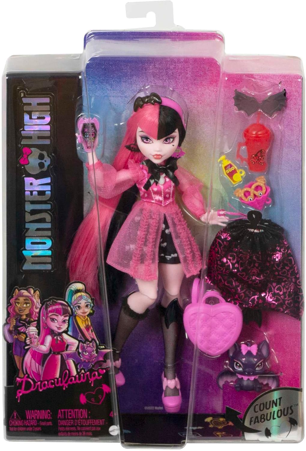 Monster High Doll, Draculaura with Pink & Black Hair in Signature Look with Fashion Accessories & Pet Bat Count Fabulous