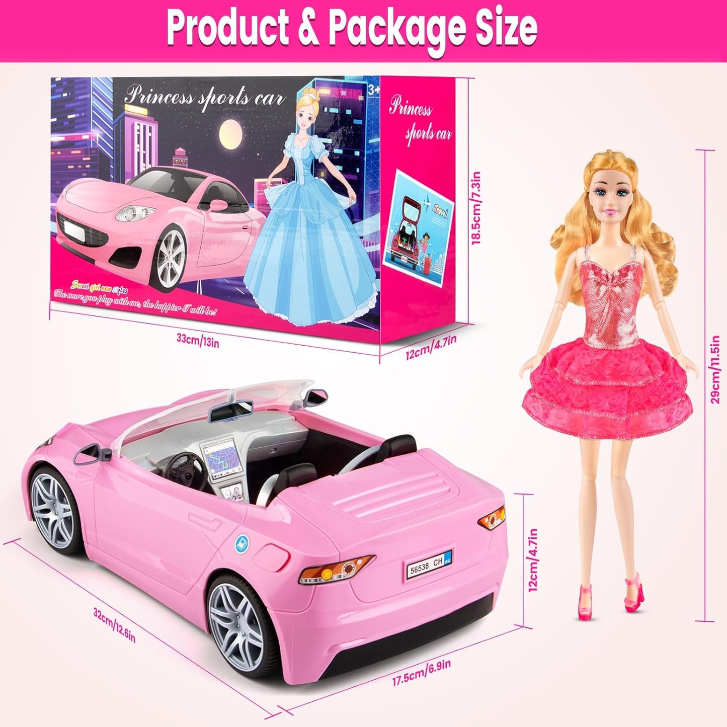 76 Pcs Doll & Convertible Car Playset,Included 11.5 in Doll,Doll Car,Princess Dresses,Fashion Dresses,Casual Clothing,Swimsuits,Bags,Shoes,Doll Playset,Doll Dress up Toys for Girls Kids Toddlers Gifts