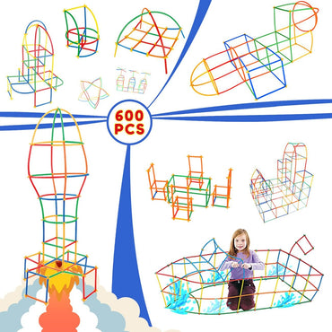 Straw Constructor Toys STEM Building 600Pcs Toy Interlocking Plastic Engineering Thin Tube Blocks Educational Kit for 3 4 5 6 7Years Kids Boys and Girls Gift