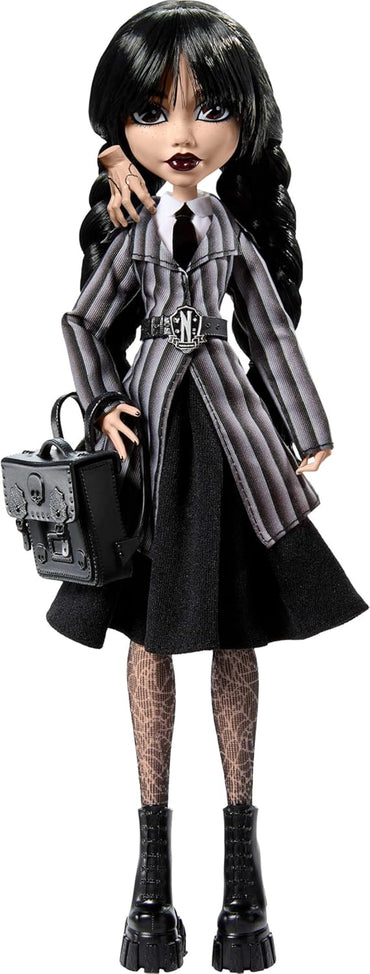 Monster High Wednesday Doll and Accessories, Wednesday Addams Collectible in Nevermore Academy Uniform with Thing and Backpack, Doll Stand
