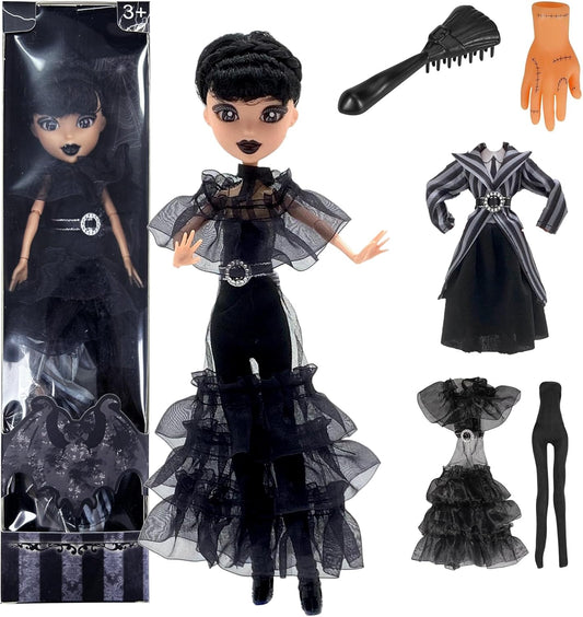 9'' Addams Doll with Gift Box, High Heels, Black Dress, and Hair, Perfect Christmas and Birthdays Toy Gift for Girls & Fans(New A)