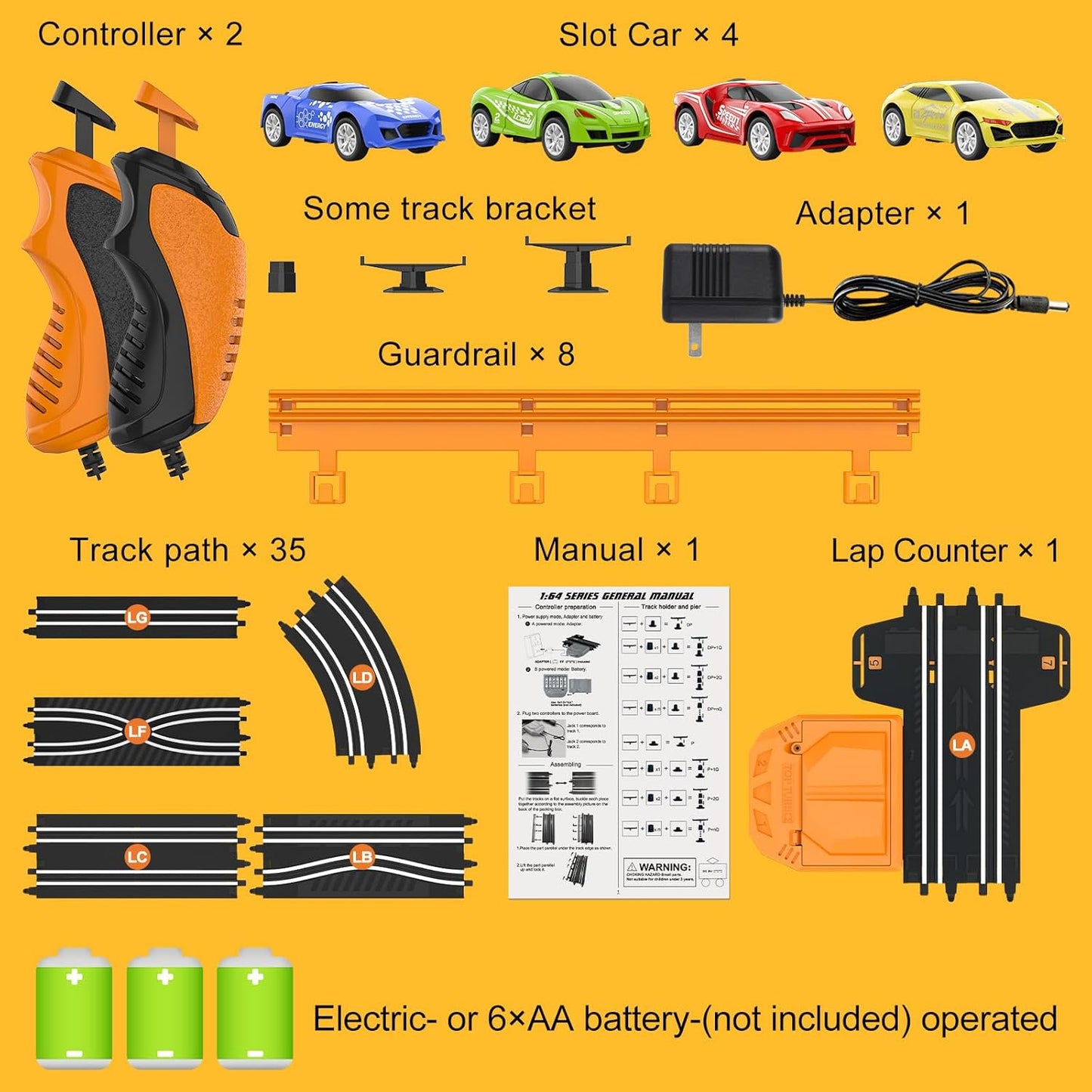 Slot Car Race Track Set for Boys and Girls – Battery or Electric Powered Dual Track Racing Game with 4 Fast Slot Cars, 2 Hand Controllers & Overpass – Perfect Toy Gift for Ages 6-12