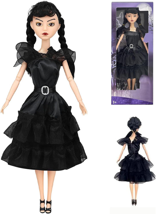 11.5 Inches Addams Dolls, Addams Toys with Black Dresses, Long Sleeve Dots, and Made to Move Features. Ideal Christmas Birthday Gifts for Kids, Girls, and Fans (B1)