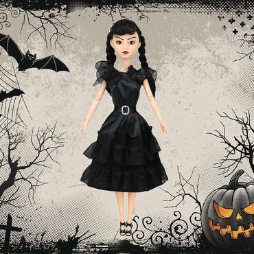 11.5" Addams Doll with Gift Box, Black Dress, High Heels and Hair, Perfect Christmas and Birthdays Toy Gift for Girls and Fans(B1)