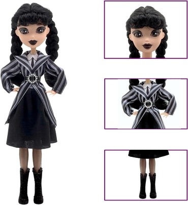 9''Addams Doll,Long Sleeve Dots Dress,Red Lips,Made to Move Addams Dolls,Birthday Gifts for Kids Girls Fans (Striped Skirt)