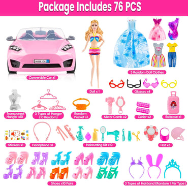 76 Pcs Doll & Convertible Car Playset,Included 11.5 in Doll,Doll Car,Princess Dresses,Fashion Dresses,Casual Clothing,Swimsuits,Bags,Shoes,Doll Playset,Doll Dress up Toys for Girls Kids Toddlers Gifts