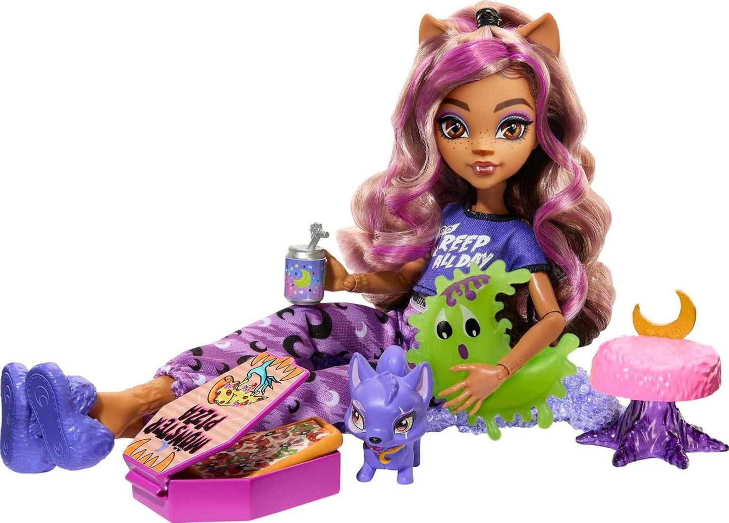 Monster High Creepover Party Doll, Clawdeen Wolf with Pet Dog Crescent, Sleepover Clothes & Accessories like Eye Mask & Pizza