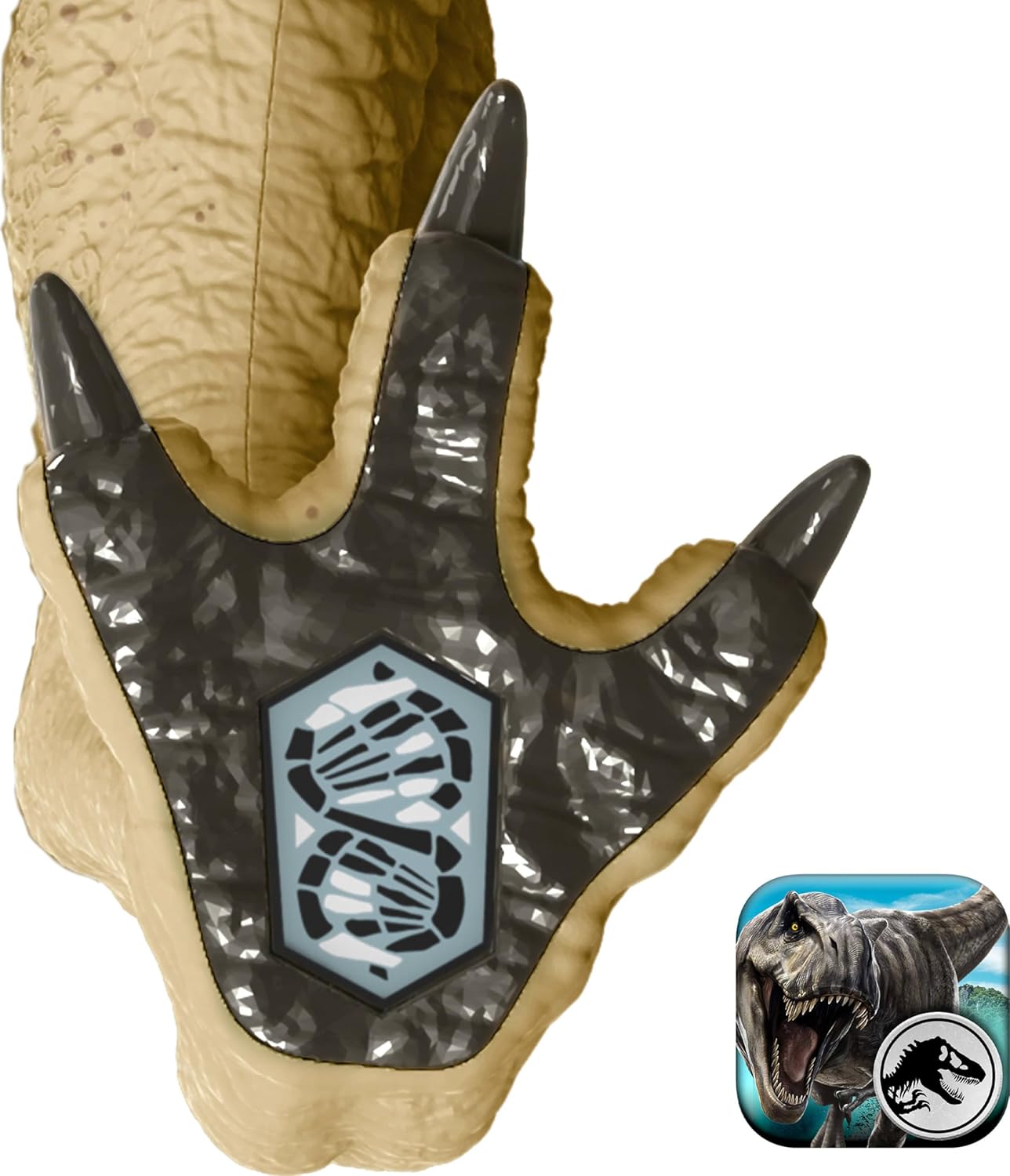 Toy dinosaur hand with a logo on a white background