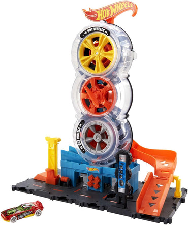 Hot Wheels City Super Twist Tire Shop Playset, Spin The Key to Make Cars Travel Through The Tires, Includes 1 Car, Gift for Kids 4 to 8 Years Old (Amazon Exclusive)