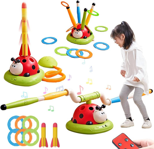 3 in 1 Musical Jump, Toss Ring Game and Stomping Launch Rocket Launcher for Kids Outdoor Toys with Remote Control, Indoor outside Toy for Kids Ages 4-8 Toys for Ages 5-7 8-13 Birthday Gifts