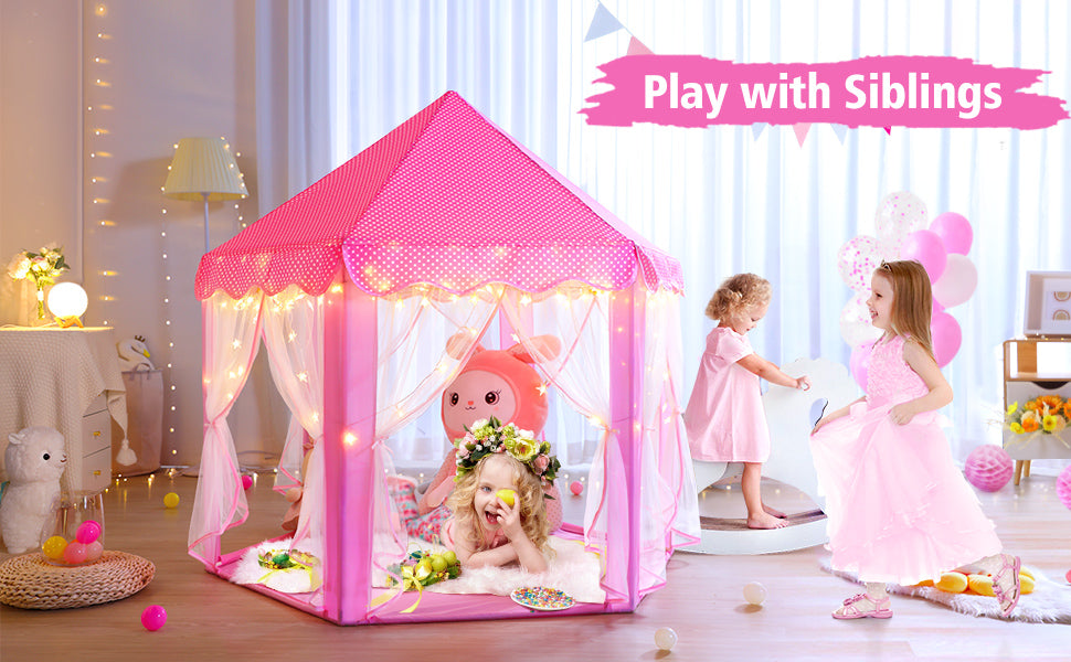 Princess Tent for Girls – Large Kids Playhouse Castle Tent with Star Lights, Indoor & Outdoor Play Tent for Children, 55" x 53"