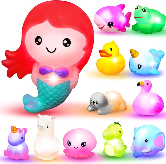 12 PCS Light up Bath Toys, Toddler Flashing Colourful LED Bathtub Mermaid Toy, Baby Bathtime Floating Rubber Shower Gifts for Infant Kids Boy Girl Valentines Easter Gifts Swimming Pool Party