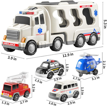 5 Pack Ambulance Vehicle Toddler Truck Toys for 3 4 5 6 Year Old Boys, Friction Powered Cars with Toy Helicopter, Police Car, Fire Truck, Ambulance Car, Birthday Gifts for Girls Age 3-9