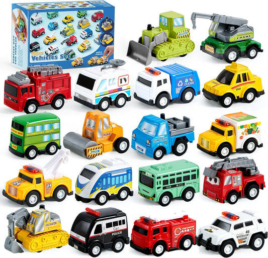 18 Pcs Pull Back City Cars and Trucks Toy Vehicles Set, Friction Powered Cars Toys for Toddlers, Boys, Girls’ Educational Play, Kids Stocking Stuffers, Easter Basket Stuffers