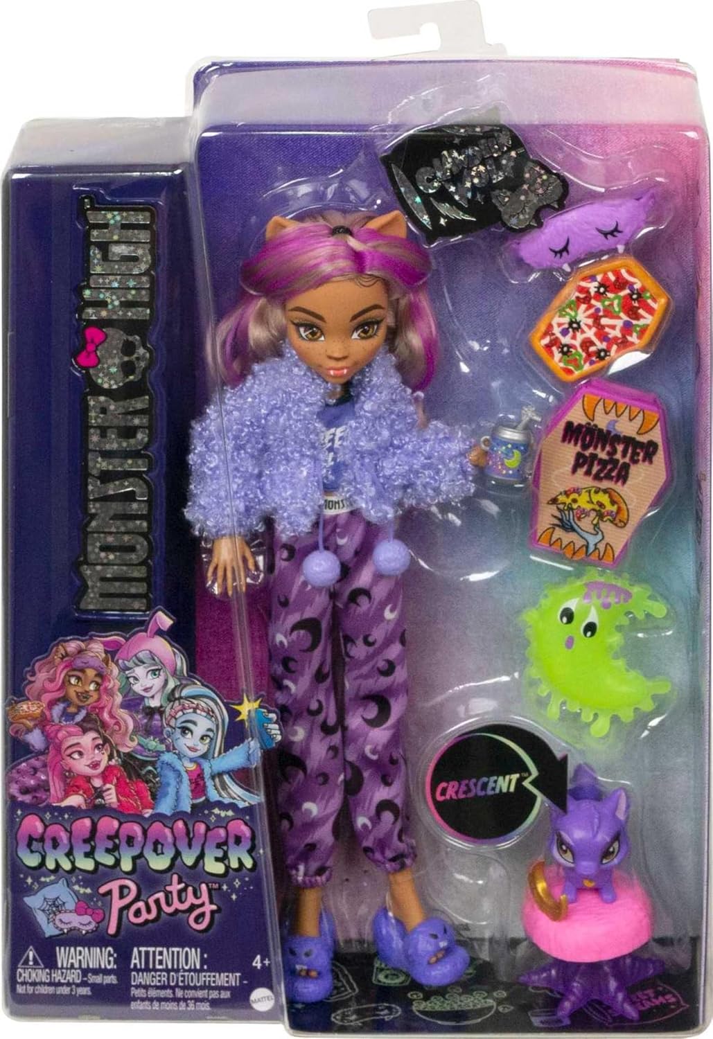 Monster High Creepover Party Doll, Clawdeen Wolf with Pet Dog Crescent, Sleepover Clothes & Accessories like Eye Mask & Pizza