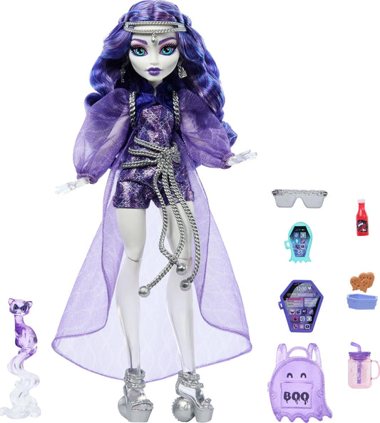 Monster High Spectra Vondergeist Doll with Pet Ferret Rhuen and Accessories like Backpack, Tablet, Snacks and More