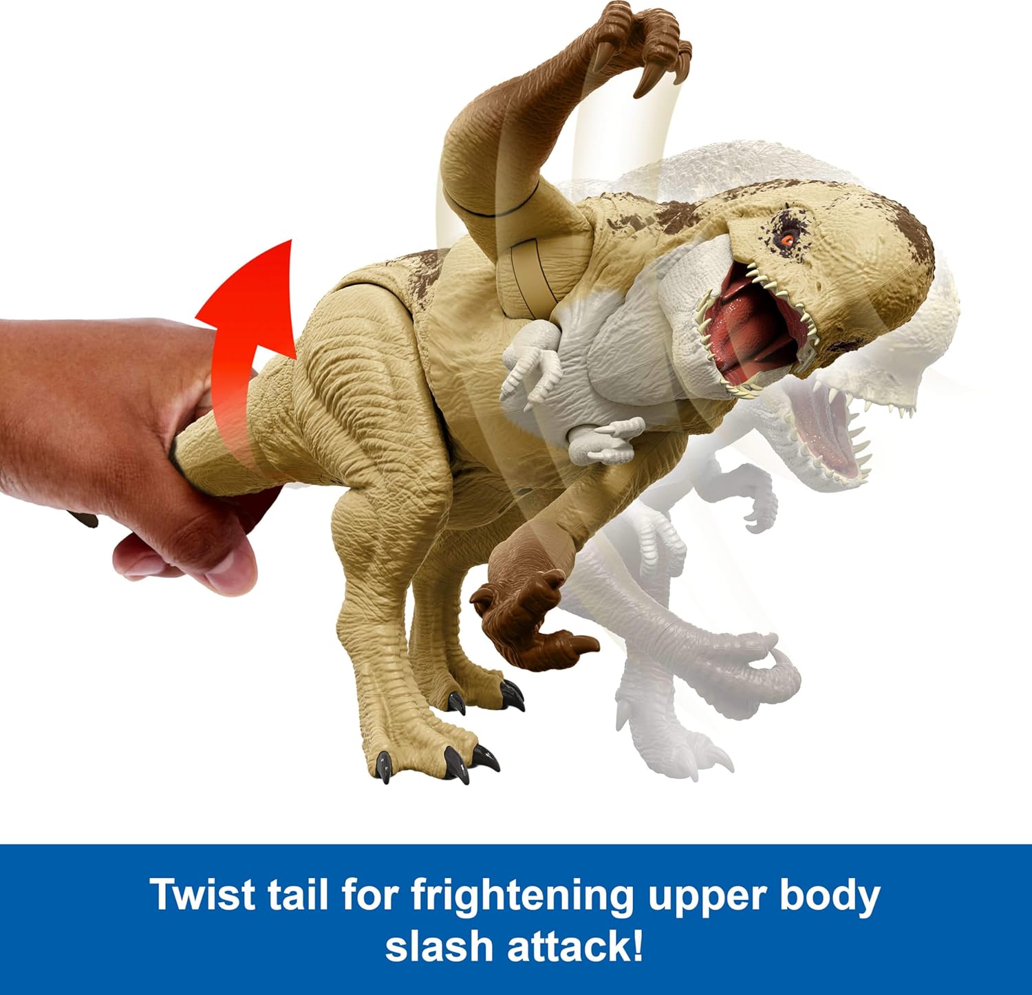 Toy dinosaur with a hand twisting its tail, labeled 'Twist tail for frightening upper body slash attack!'.