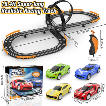 Slot Car Race Track Set for Boys and Girls – Battery or Electric Powered Dual Track Racing Game with 4 Fast Slot Cars, 2 Hand Controllers & Overpass – Perfect Toy Gift for Ages 6-12