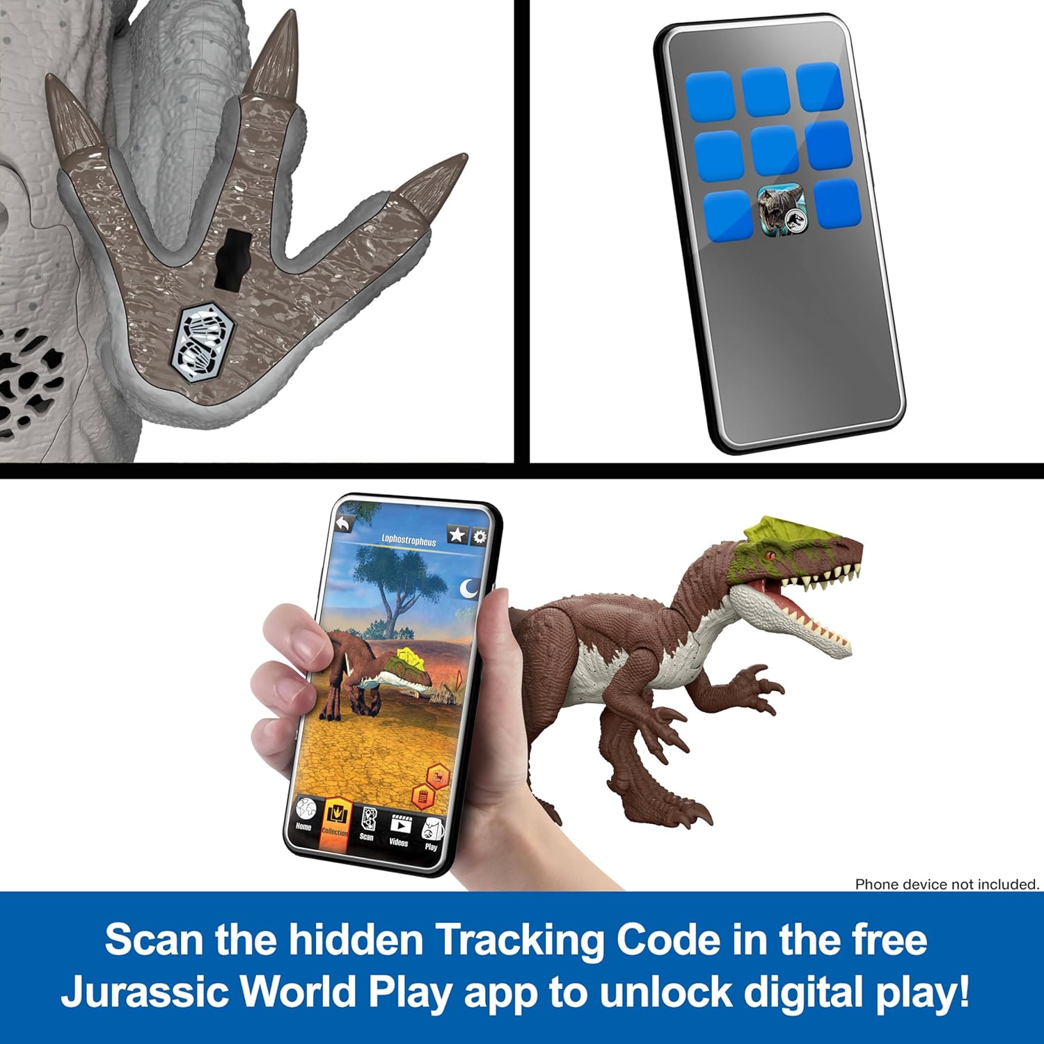 Toy dinosaur with remote control and smartphone app interface, featuring Jurassic World branding.