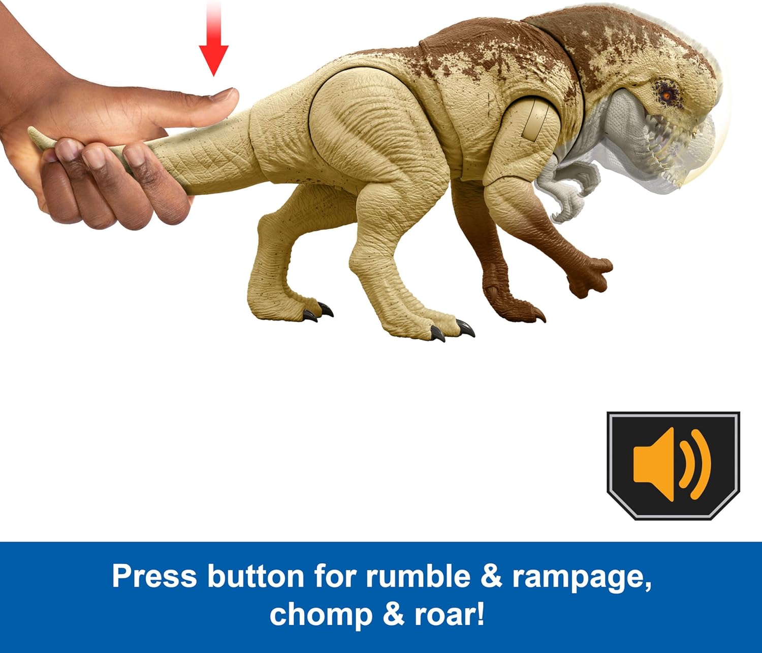 Toy dinosaur with a hand pressing a button, featuring sound effects text.