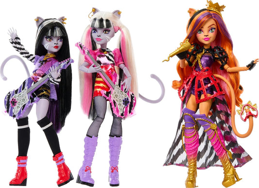 Mattel Monster High Dolls, the Hissfits Band Three-Pack with Toralei Stripe, Meowlody and Purrsephone