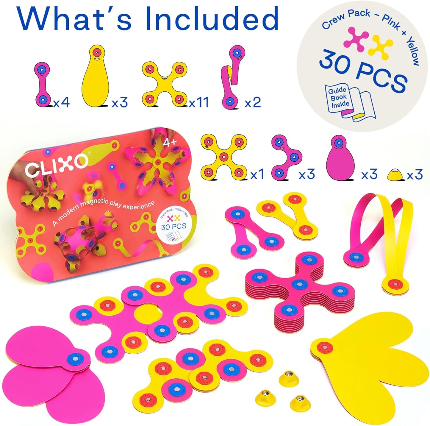 Clixo Crew 30 Piece Pack - The Flexible, Durable, Imagination-Boosting Magnetic Building Toy - Modern, Modular Designs for Hours of STEM Play. A Multi-Sensory Magnet Toy Experience Anywhere! Ages 4-99