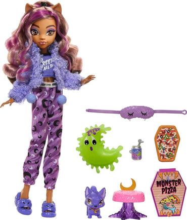 Monster High Creepover Party Doll, Clawdeen Wolf with Pet Dog Crescent, Sleepover Clothes & Accessories like Eye Mask & Pizza