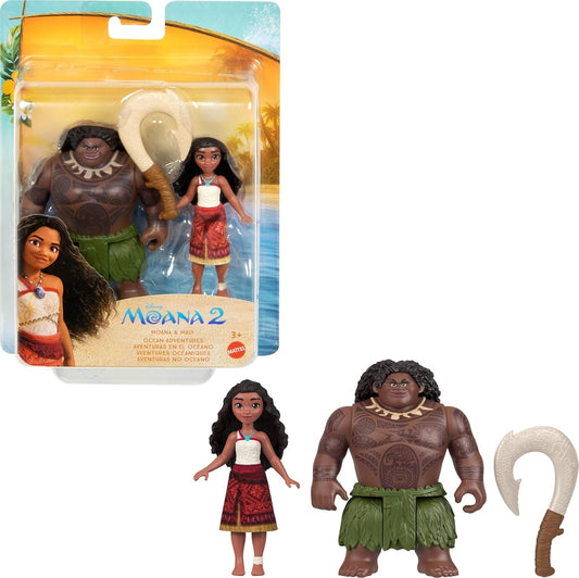 Disney Moana 2 Toys, Moana & Maui Ocean Adventures 2-Pack with 2 Small Dolls & Hook Accessory, Inspired by the Movie