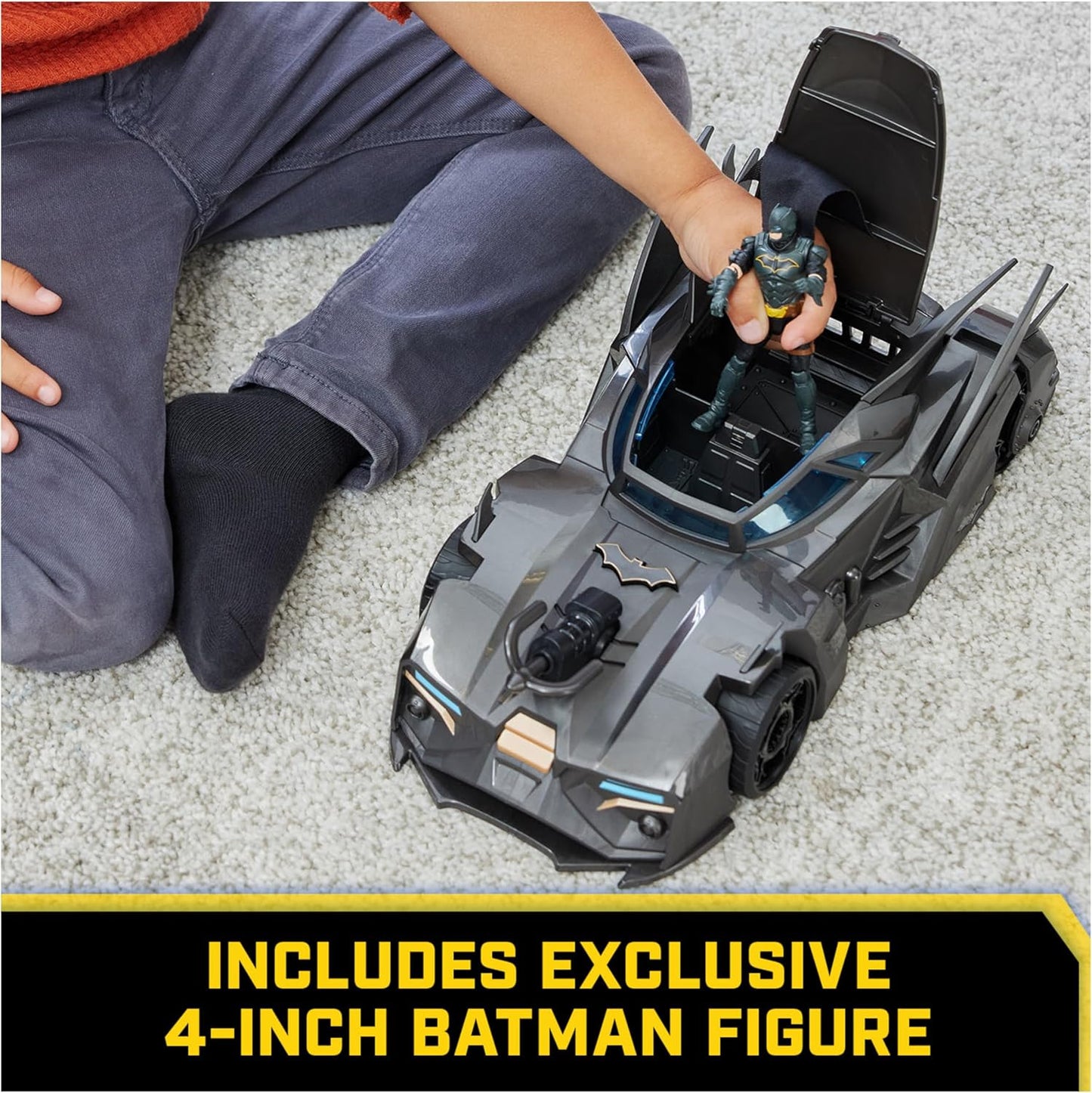 , Crusader Batmobile Playset with Exclusive 4-Inch Batman Figure, 3 Super-Villain Paper Figures, Kids Toys for Boys and Girls Ages 4+