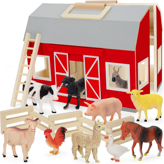 Farm Animals Toys for 3+ Year Old Kids Toddlers Girls Boys, Large Wooden Barn with Animal Play Figures, Farm Playset Educational Learning Toys, Ideal Christmas Birthday Gifts