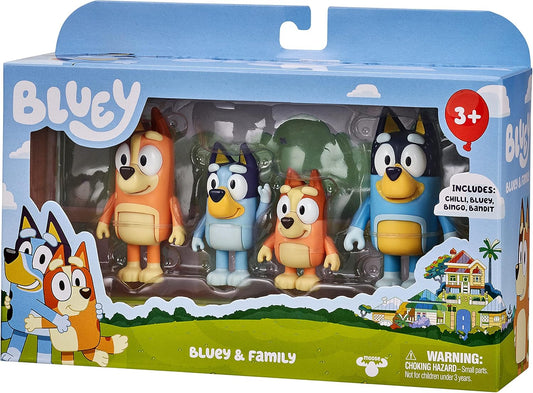 Bluey Family Figure 4-Pack – Includes Bluey, Bingo, Mum (Chilli) & Dad (Bandit) – Poseable Collectible Toy Figures for Kids Ages 3+ – Durable Cake Toppers & Gifts for Toddlers and Fans